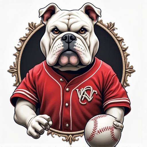 An airbrushed logo of West County Bulldogs in a baseball theme. A bulldog wearing a red baseball jersey poses with a baseball in hand. It is framed with ornate detailing.