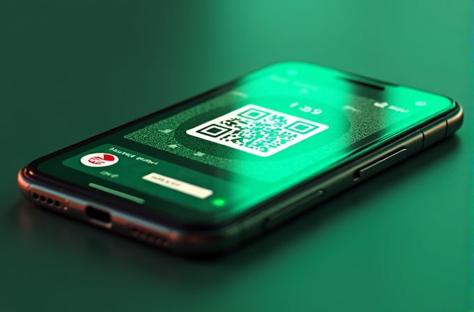 A smartphone displaying a QR code on its screen, set on a dark green surface.