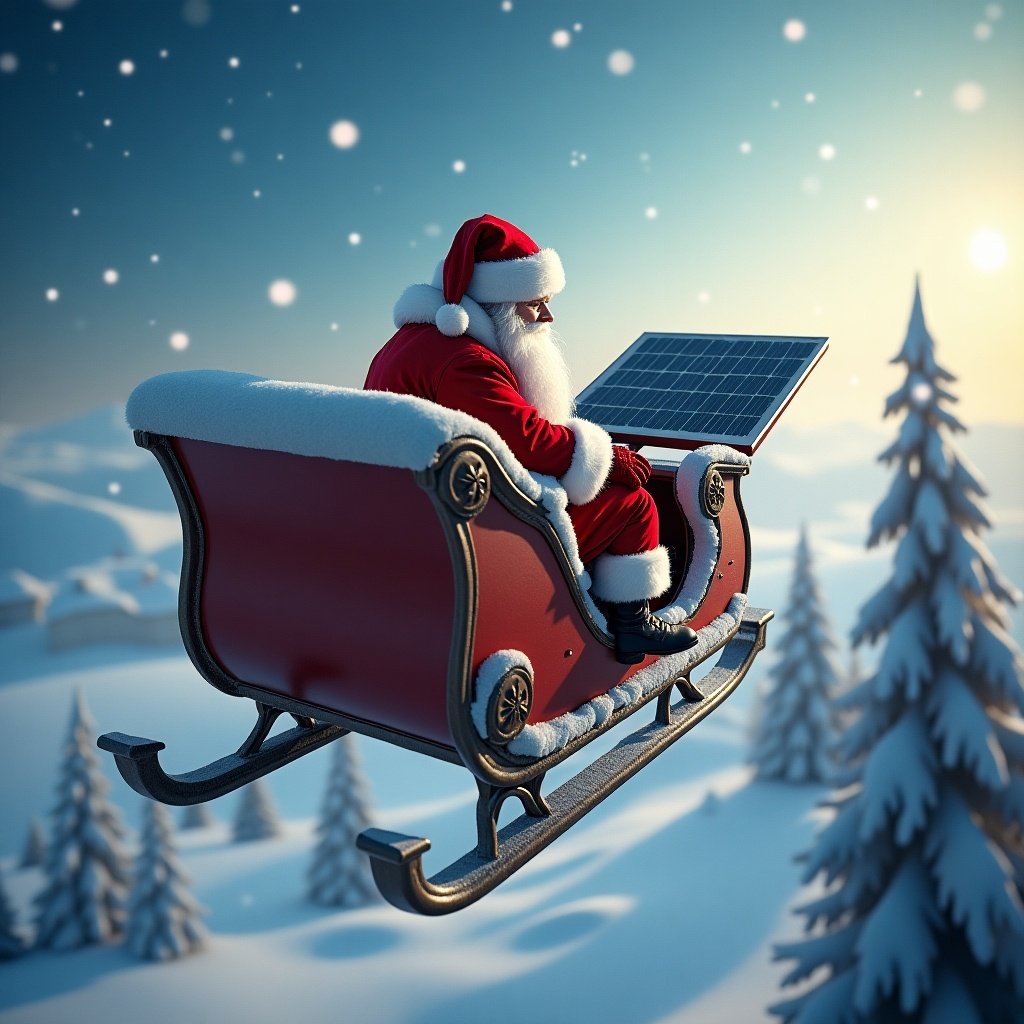 Santa Claus flies in a futuristic sleigh equipped with a solar panel. Snow-covered landscape lies below. The scene features a magical winter setting with soft lighting.