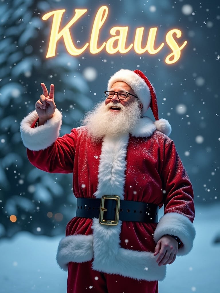 Image of a joyful Santa Claus in winter wonderland. Dressed in red suit with white trim. Santa pointing upward as if writing a name. Snowflakes falling around him. The name 'Klaus' in glowing letters. Background of snowy trees.