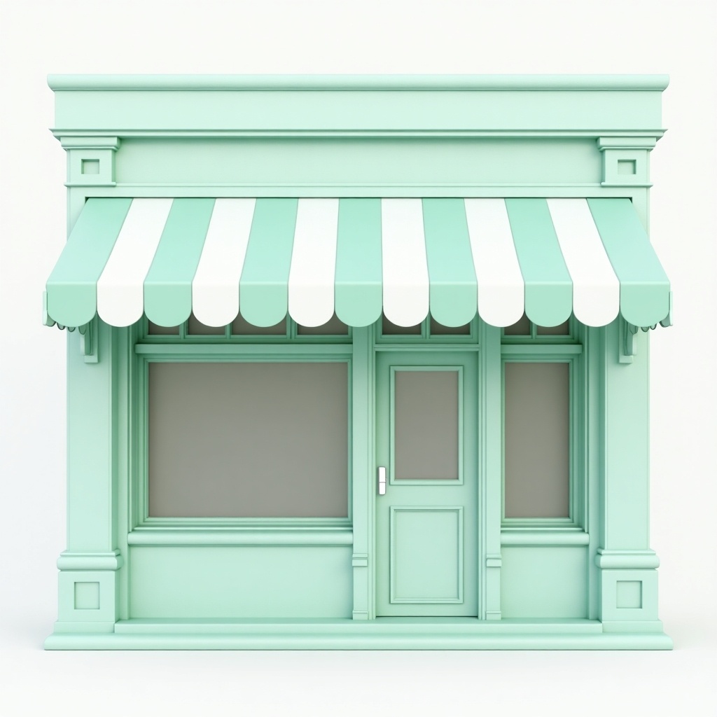 A pastel mint green store front with white awning. The design is minimalist with simple shapes. Windows are clear. Door is centered.