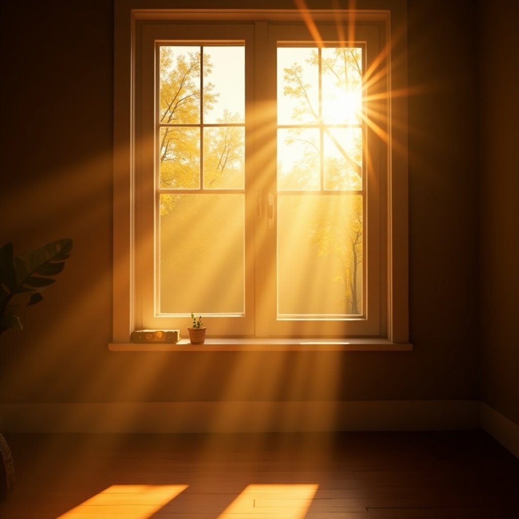 Warm scene with sunlight filtering through a window. Sunlight casts golden hue across the room. Silhouettes of trees visible outside the window. Evokes feelings of warmth and tranquility.