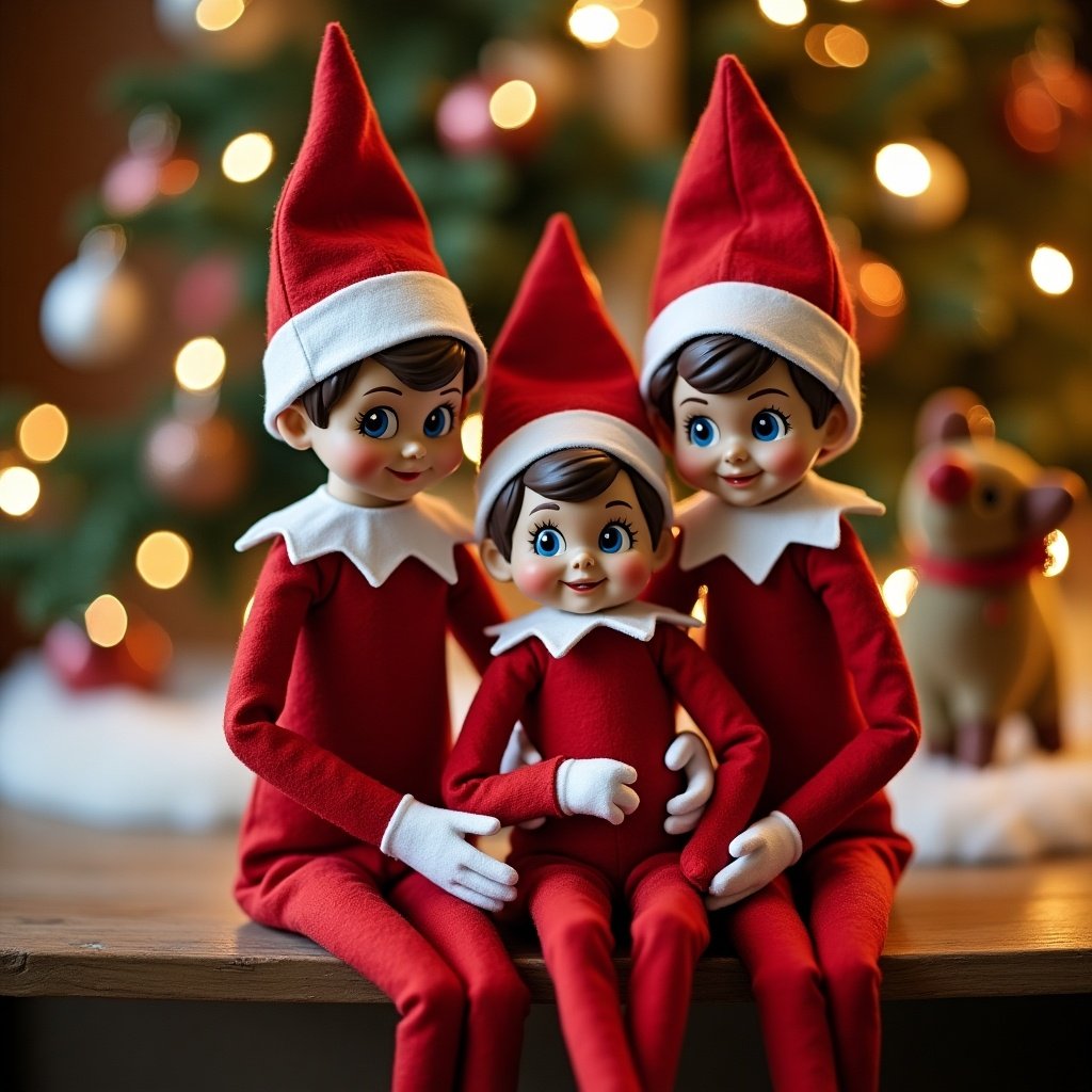 Two girls are holding elves. One baby boy is also holding an elf. The children are smiling and celebrating. The elves are colorful and festive.