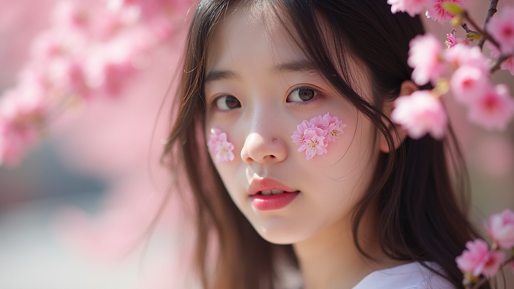 A beautiful Asian girl with white skin stands near sakura flowers. Her left side is adorned with many cherry blossoms. The scene captures a soft and delicate ambiance with natural colors and light.