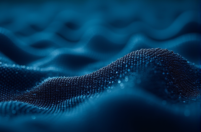 A close-up view of dark blue fabric waves with a textured, speckled surface.