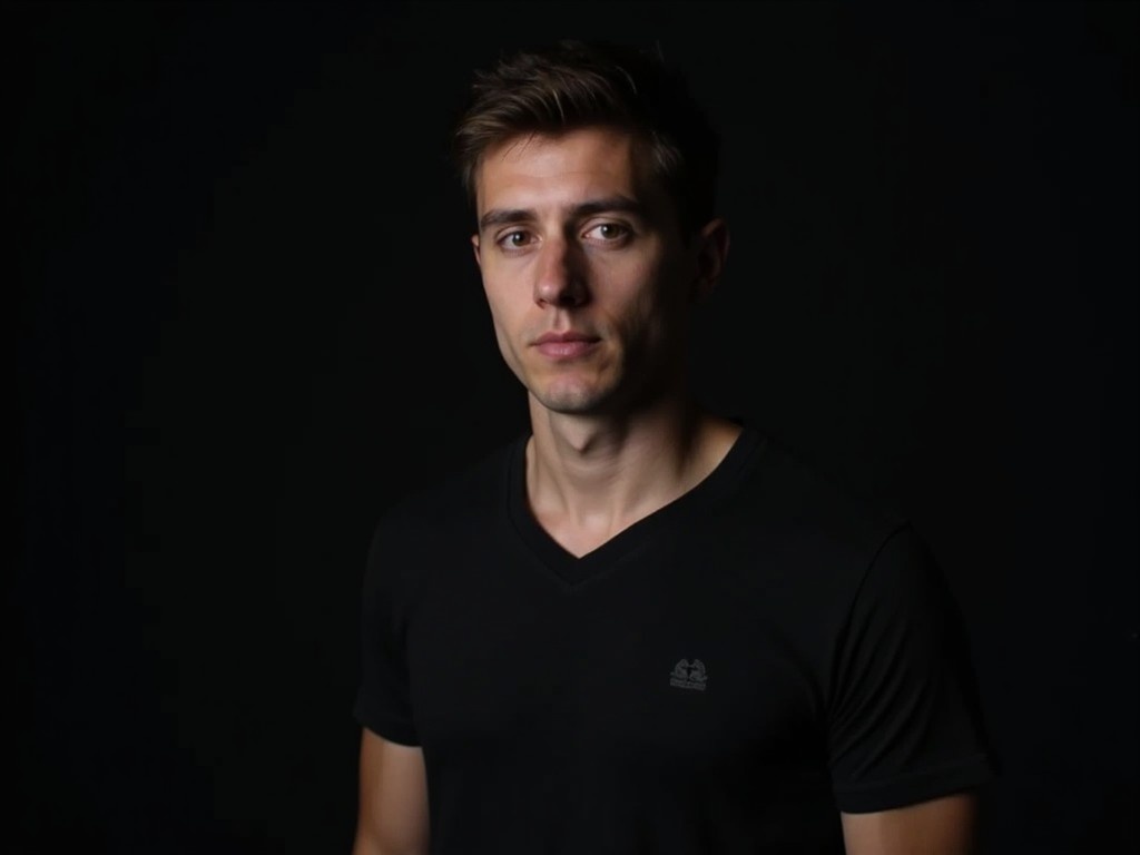 The image showcases a young man with a focused expression. He stands confidently against a dark backdrop, which emphasizes his features. Dressed in a simple black shirt, he exudes a serious yet approachable demeanor. The soft lighting highlights his facial structure, creating a striking contrast. This portrait can be used in various contexts such as lifestyle articles or promotional materials.