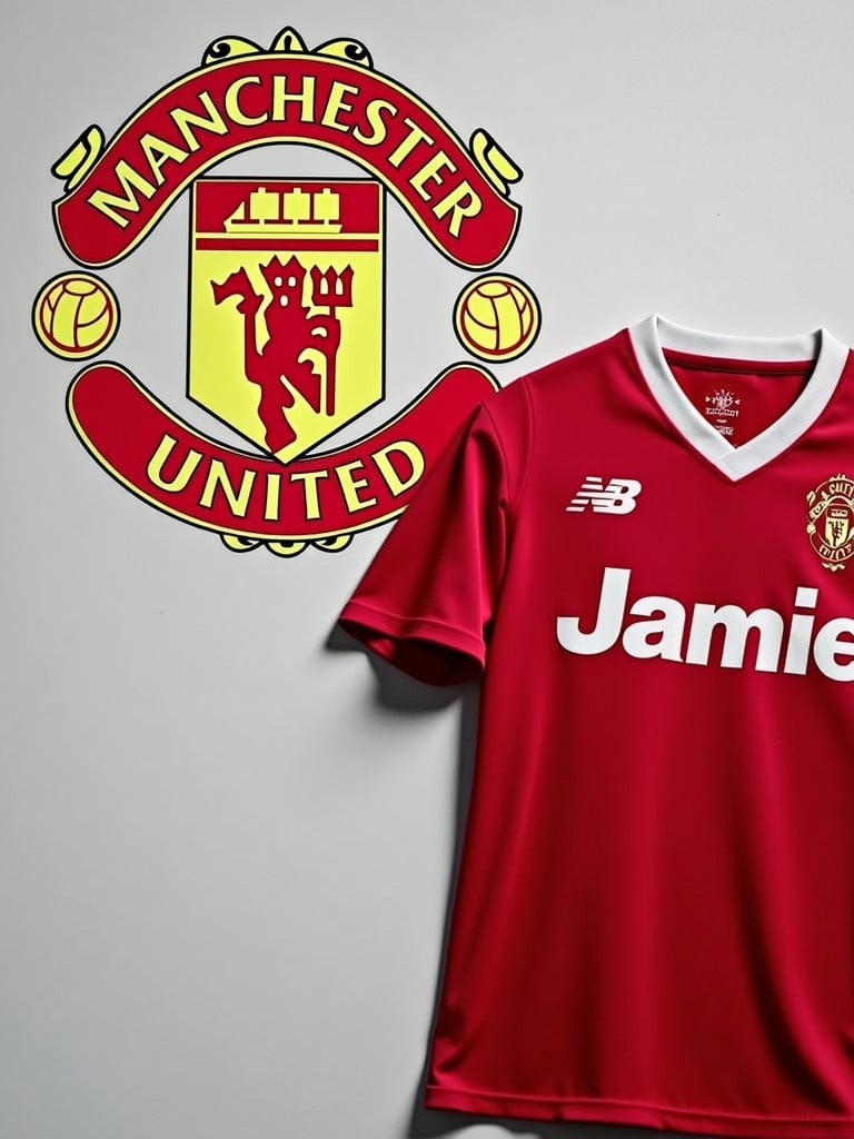 Image shows Manchester United logo against a plain wall with a red jersey featuring the name Jamie. The jersey is hanging near the logo.