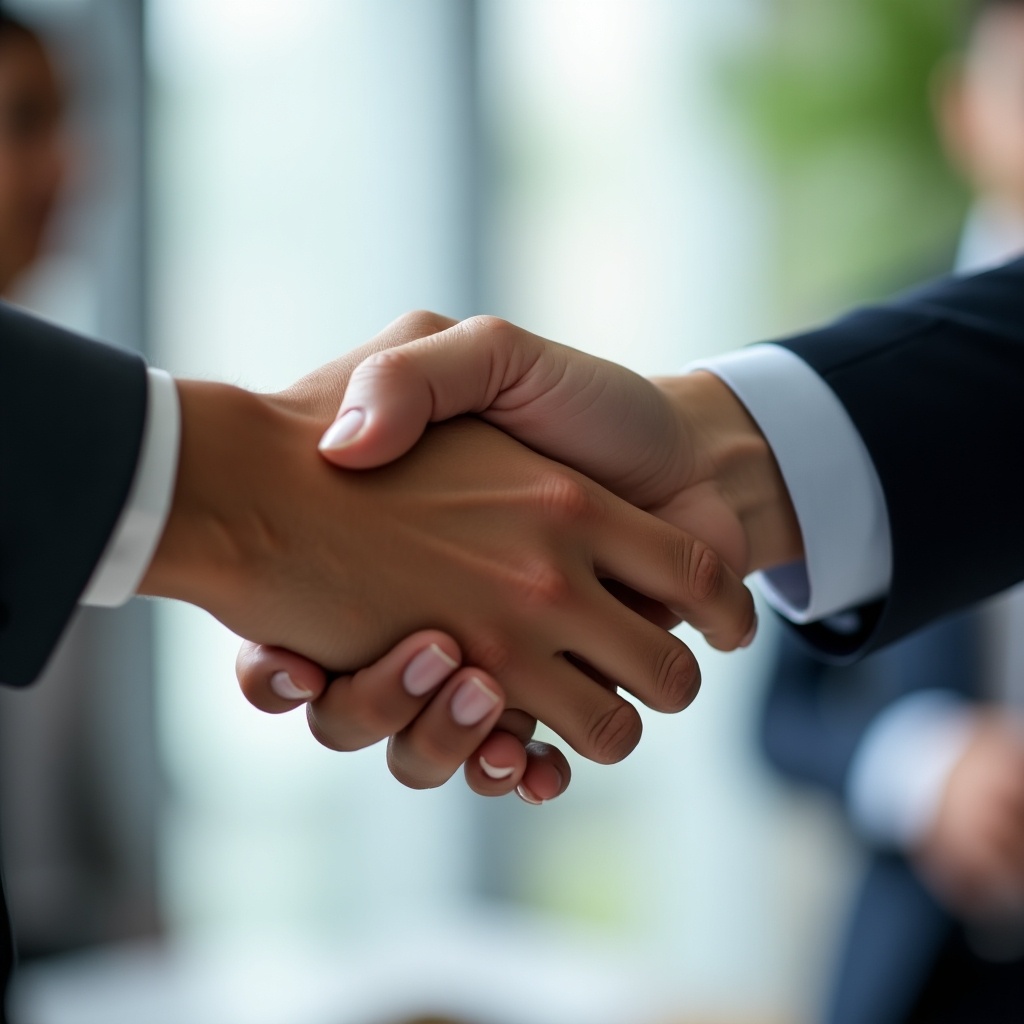 Close-up of a handshake between two individuals. Emphasis on hands. Indicates agreement and partnership. Soft background with blurred figures.