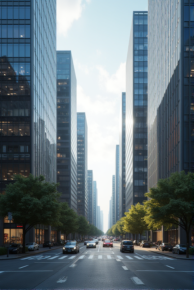 A bustling city street flanked by towering modern skyscrapers and lush green trees, with cars navigating through and people walking along the sidewalks.