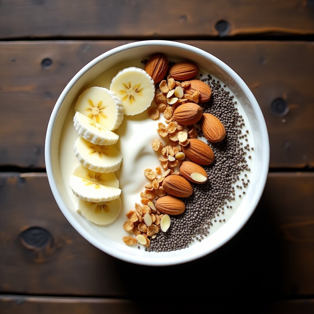 Bowl contains yogurt topped with sliced bananas granola almonds chia seeds