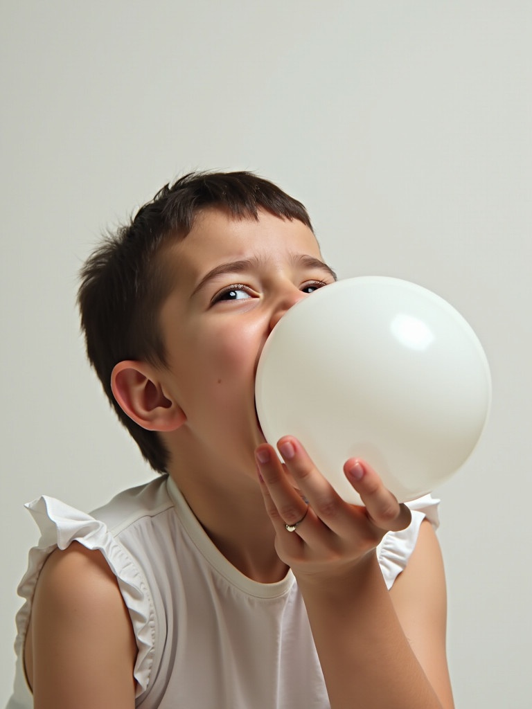 Image of a child holding a white balloon. Child appears to be playfully engaging with the balloon. Soft colors and gentle lighting accentuate the joyful atmosphere.