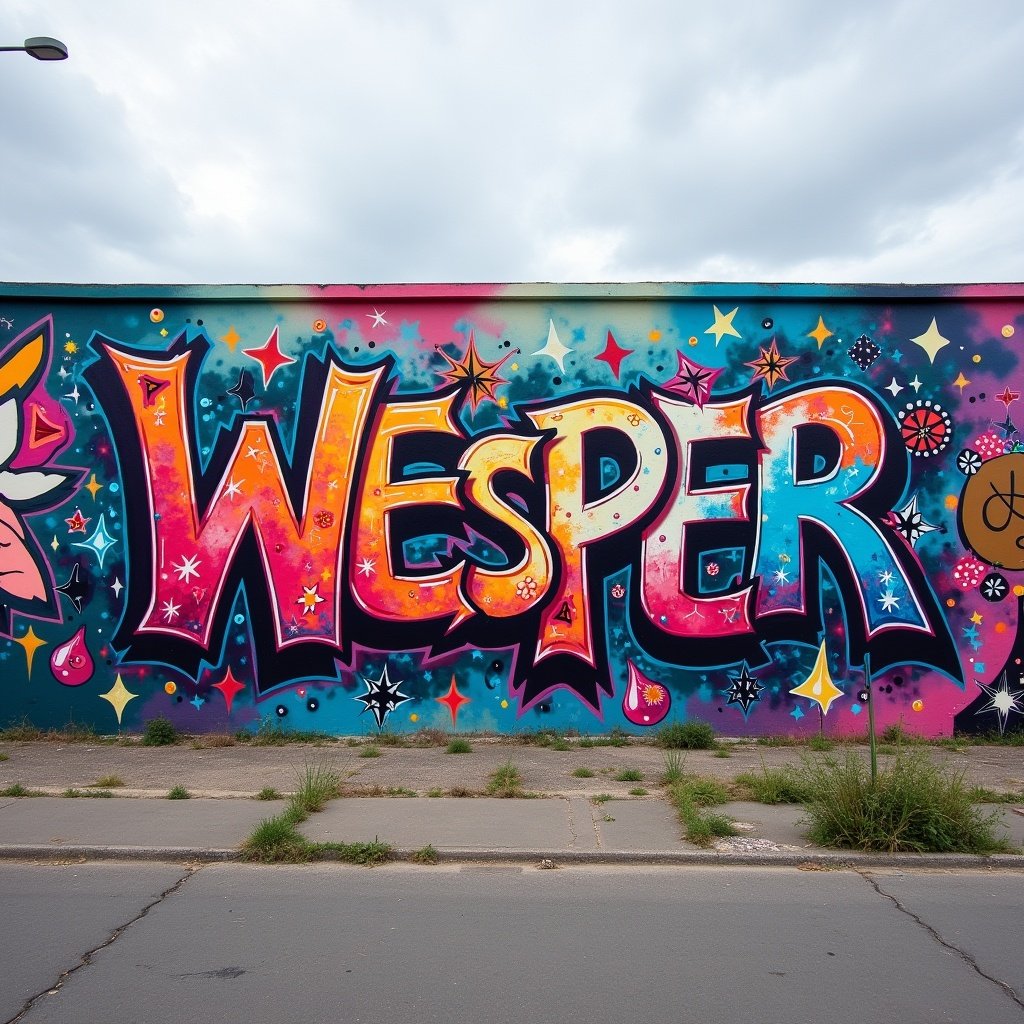 Large graffiti mural displays the word 'Wesper'. The artwork is colorful and vivid. Stars and abstract elements surround the word. A street view shows grass on the sidewalk.