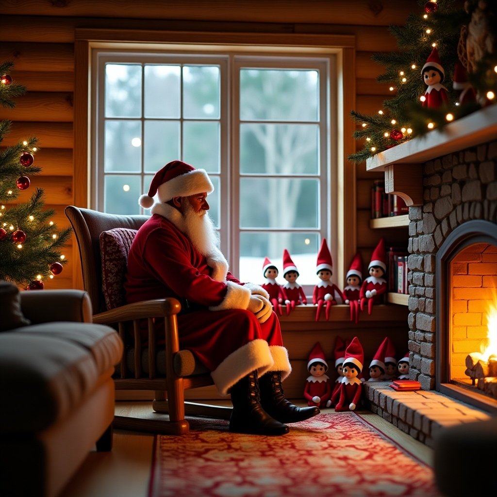 Santa in a cozy cabin setting with a fireplace and window. Many Elf on the Shelf dolls are visible. Warm and festive ambiance.