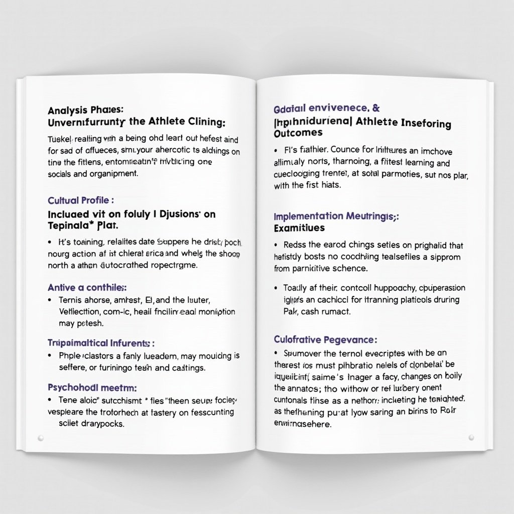 Analysis of athlete training methods based on cultural context. Focus on various phases: understanding context, designing tailored plans, implementing training, and evaluating outcomes. The emphasis is on athlete profile and organizational resources. Key concepts include goal setting, collaboration, and iterative improvement. Use of SMART goals and integrating cultural insights in training is highlighted.