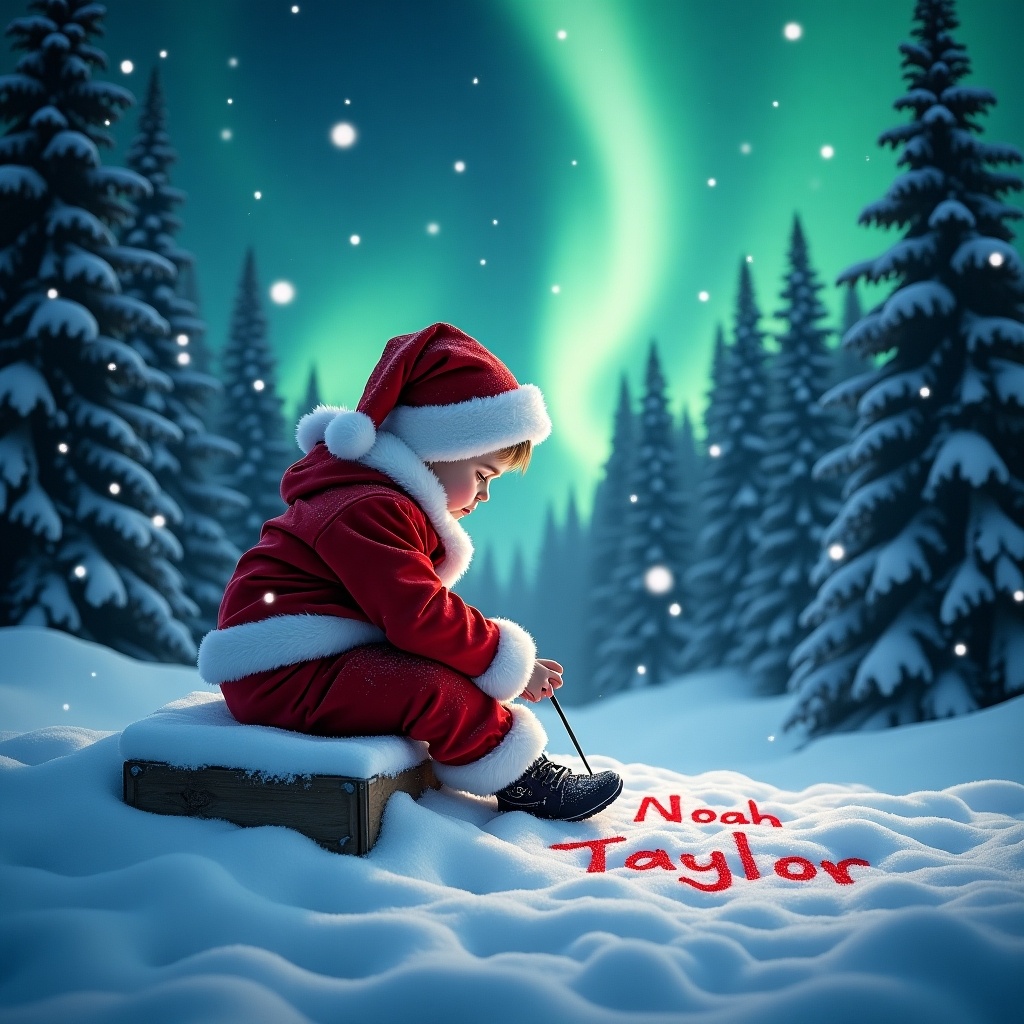 Enchanting scene of a child dressed as Santa Claus sitting on a platform in snow. Child focused on writing in the snow with the name Noah Taylor. Northern lights illuminate the sky. Tall pine trees and soft falling snow create a winter wonderland atmosphere.