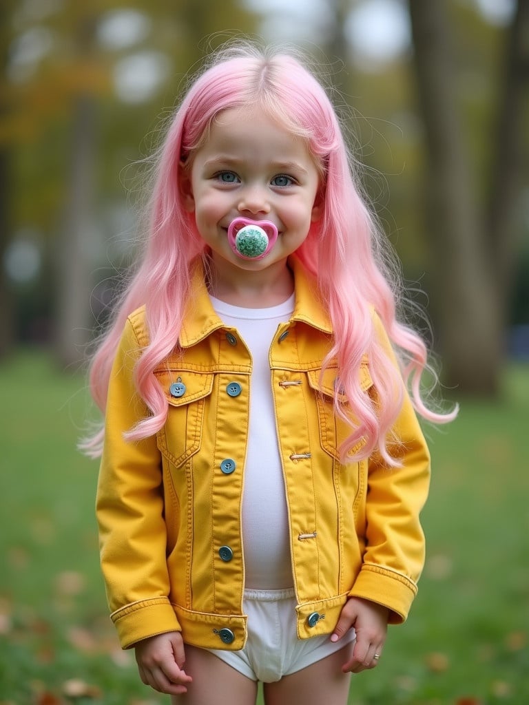 A smiling girl with pink hair and green eyes. She wears a yellow denim jacket and diapers. She stands in a park setting.