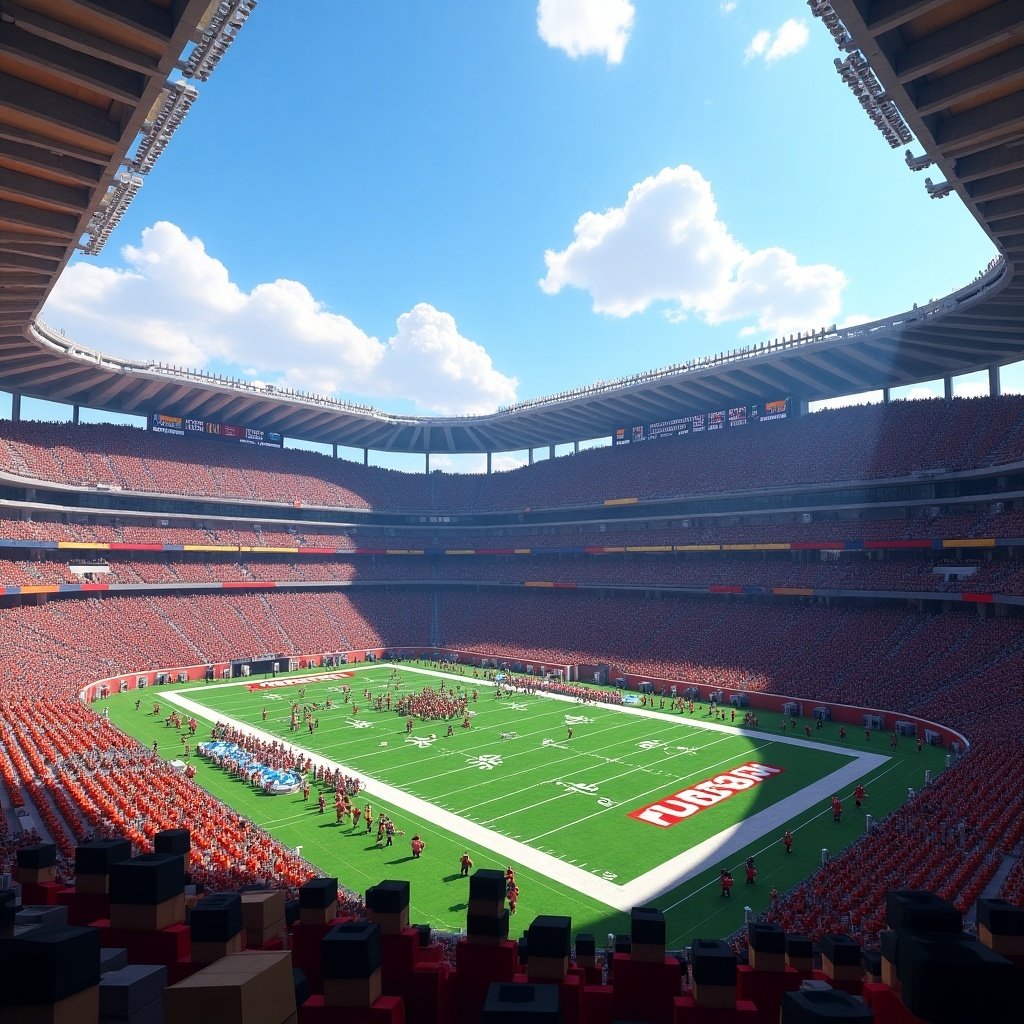 Large Minecraft stadium designed for American football. Stadium capacity of 150,000 fans. Built with Minecraft blocks. Features grand architecture. Costs $13 billion. Vibrant seating colors. Bright blue sky with fluffy clouds. Busy football game on the field. Enthusiastic crowd engaged.