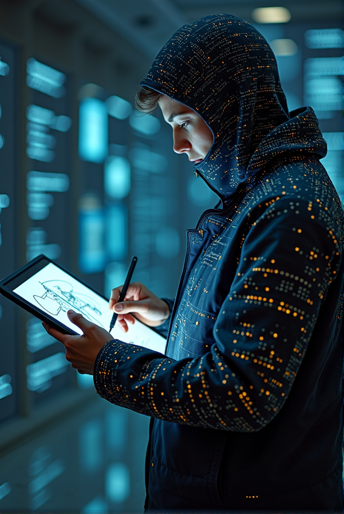 A person in a circuit-patterned hoodie concentrates on drawing with a stylus on a glowing tablet, surrounded by digital information panels.