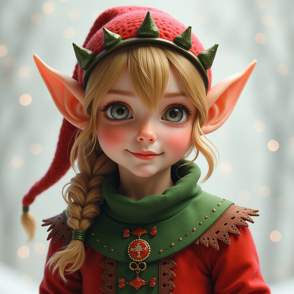 An elf character in a festive outfit. Character features bright colors and joyous atmosphere.