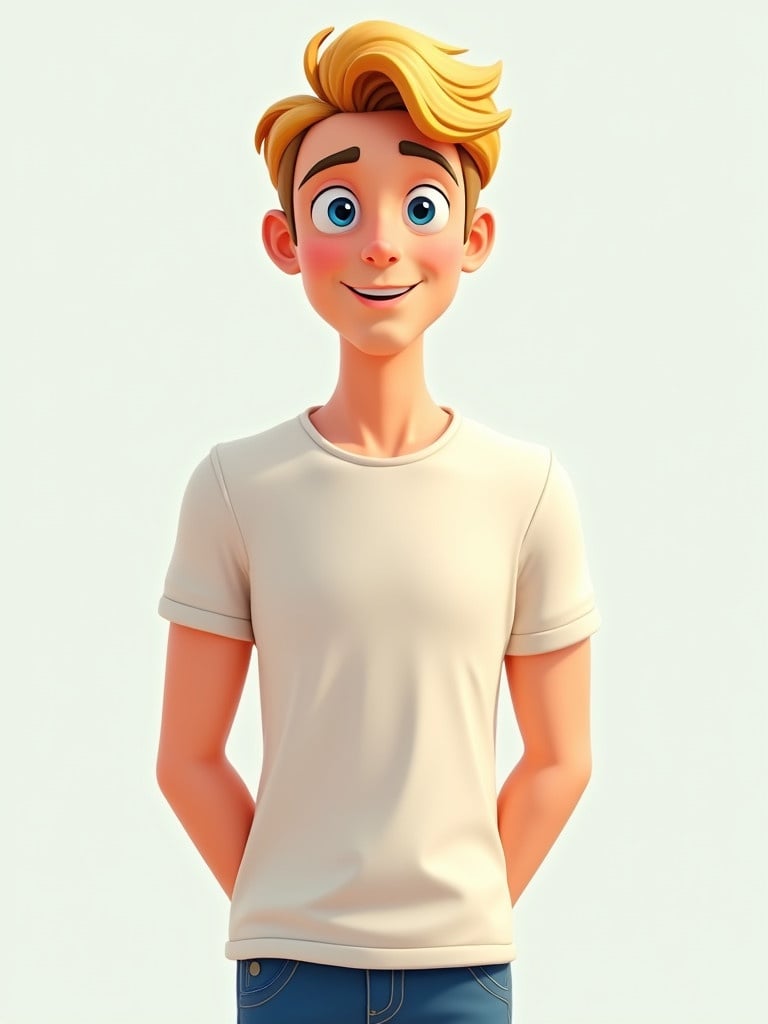 Cartoon character stands in T-pose facing forward. Character has blonde hair styled in a comb-over. Outfit consists of a light t-shirt and blue jeans. Emphasizes youthful and playful theme.