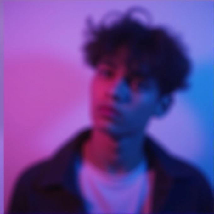 A blurred photo of a person in a mix of pink and blue lighting.