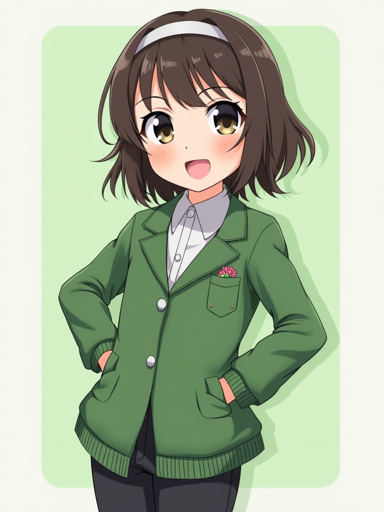 A cute anime girl with dark brown hair and black eyes. She wears a green flower coat and black jeans. A silver headband sits on her head. The character looks happy and cheerful. She has a youthful appearance and a playful pose.