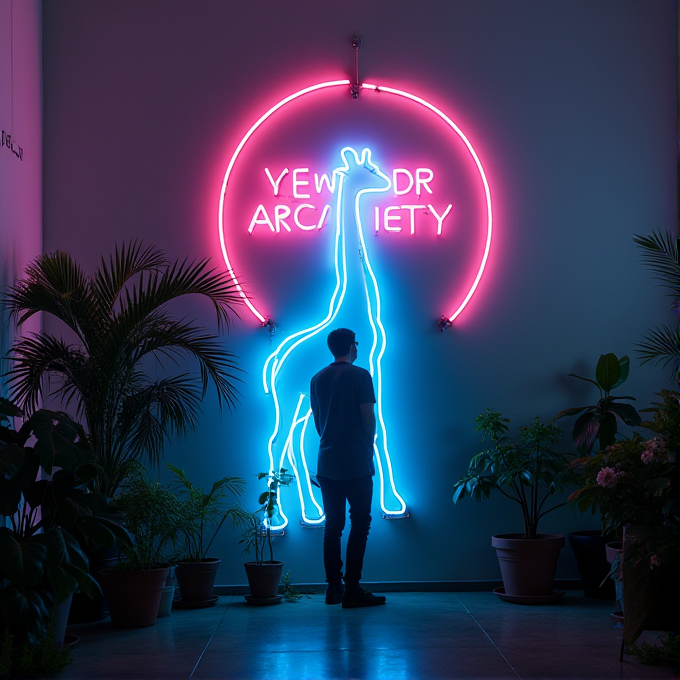 A man stands in a dimly lit room, admiring a vibrant neon sign of a giraffe, surrounded by potted plants.