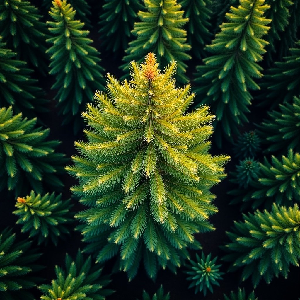 A bird-eye view of a tall pine tree surrounded by other pine trees.