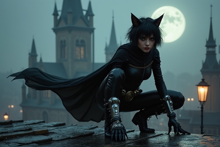 A steampunk cat burglar crouches on a gothic rooftop under a full moon. Jet-black hair styled elegantly. Piercing eyes and a sly smile. Tight leather catsuit with steampunk elements. Mechanical gauntlets and a utility belt with gadgets. Flowing dark cape enhances mystery. Boots have claw-like extensions. Foggy Victorian cityscape in background with gothic cathedrals and gas lamps. Dynamic and agile pose, ready to leap. Dark, thrilling, and seductive atmosphere.