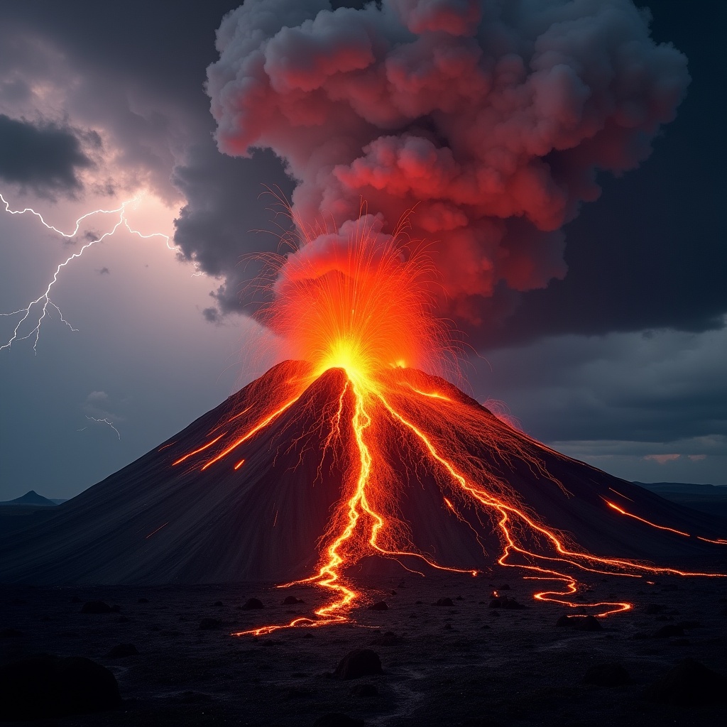 The image depicts a magnificent volcano erupting fiercely with bright red and orange lava spewing from the summit. Powerful lightning strikes illuminate the dark, stormy sky in the background, enhancing the dramatic scene. The contrast between the fiery lava and the ominous clouds creates an intense atmosphere. This breathtaking natural phenomenon encapsulates the sheer power of nature. Photographers and nature lovers alike would find this scene captivating.