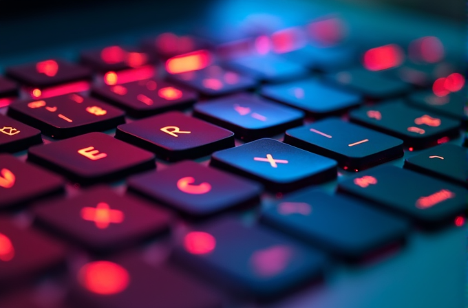 A close-up view of a keyboard with vibrant red and blue lighting.