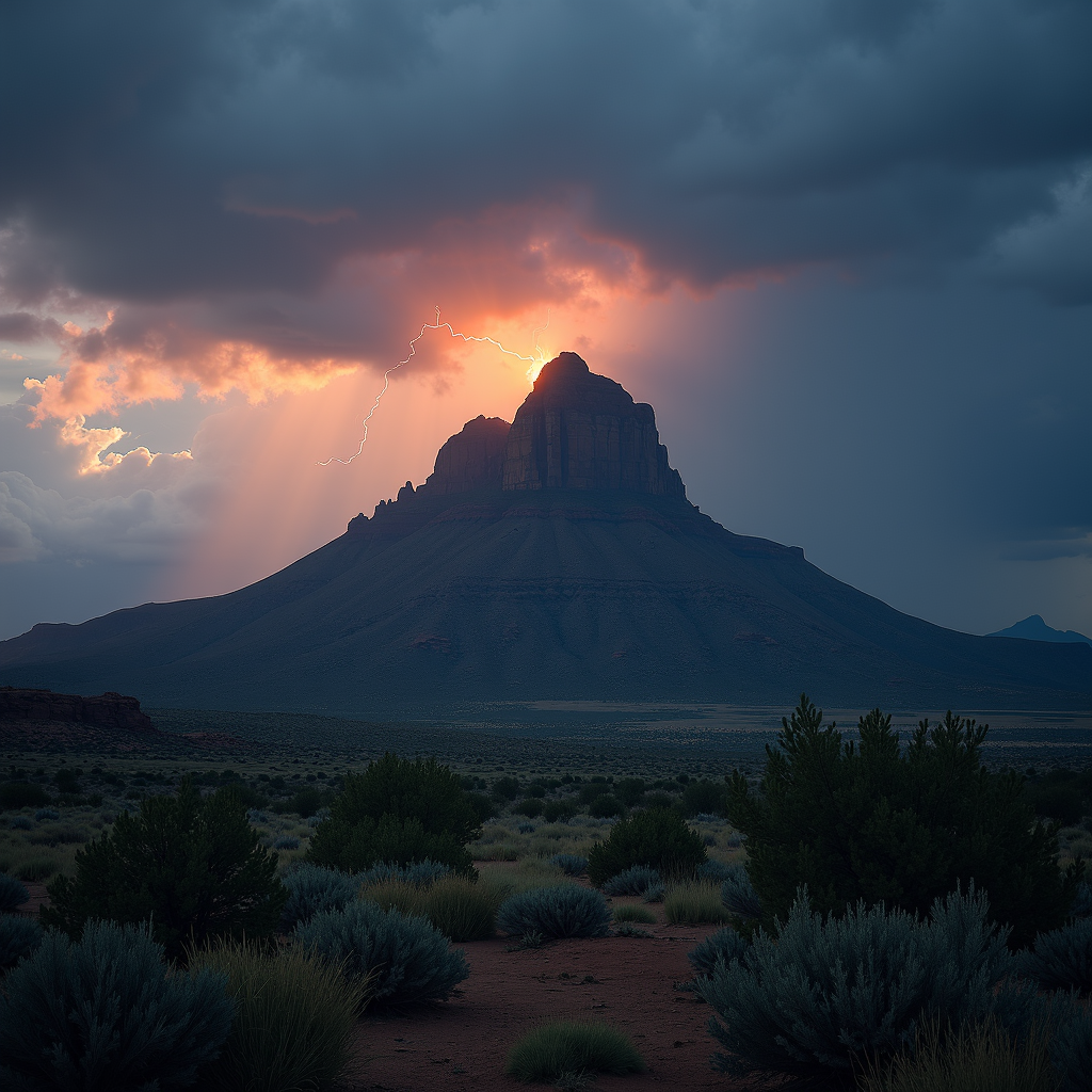 A tall, rocky mesa stands under a dark, stormy sky with bright lightning and vibrant clouds.