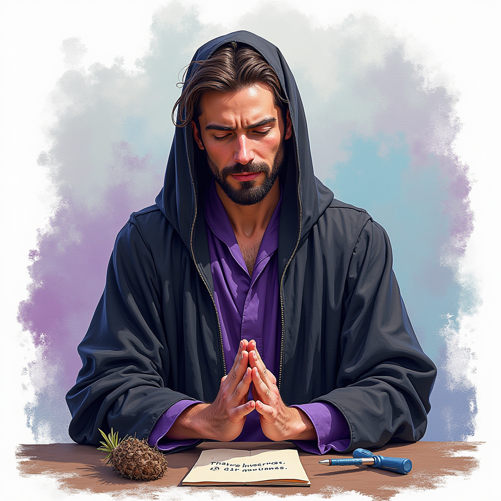 A man in a hooded cloak is meditating at a table with a pinecone, a tool, and a paper.