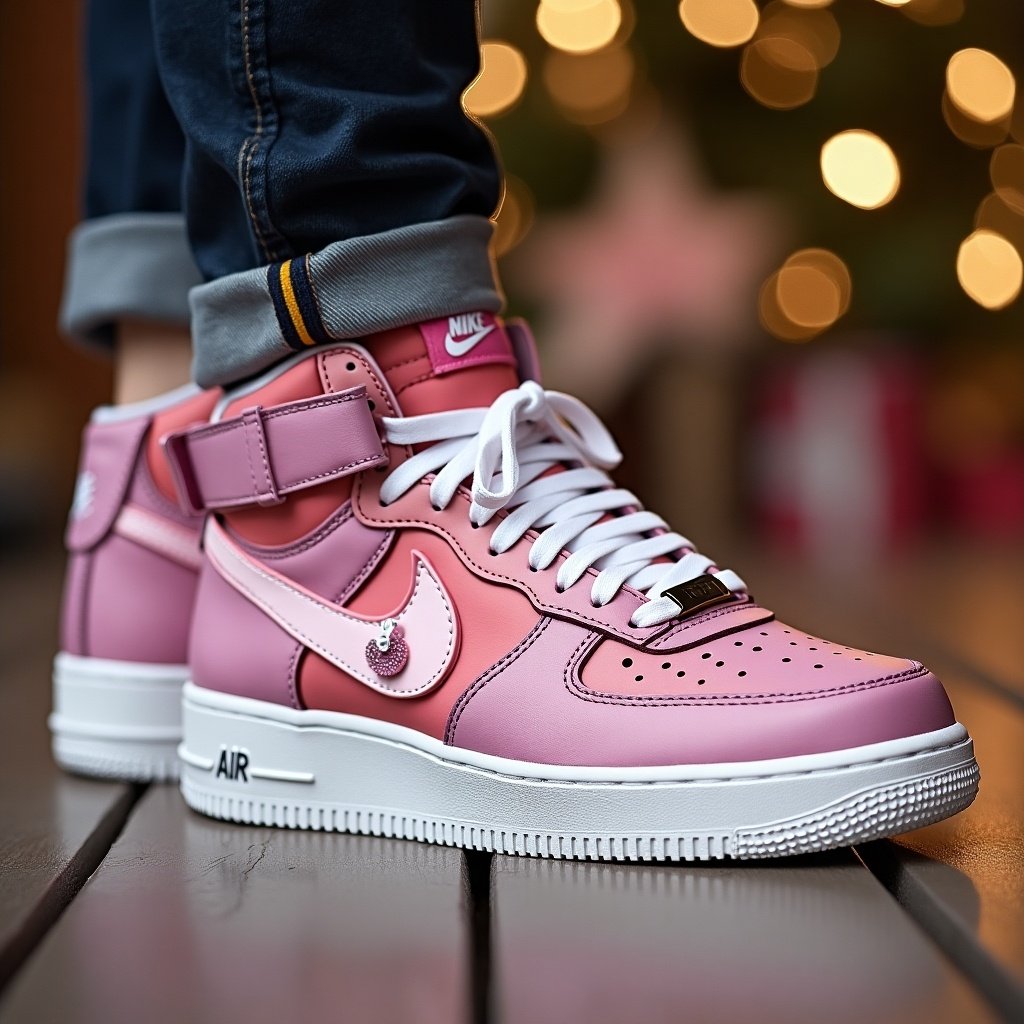 Custom made Nike Air Force 1 shoes designed for a 13 year old girl as a Christmas present. The shoes are primarily pink with white accents and feature a unique design. Soft bokeh lights are blurred in the background.