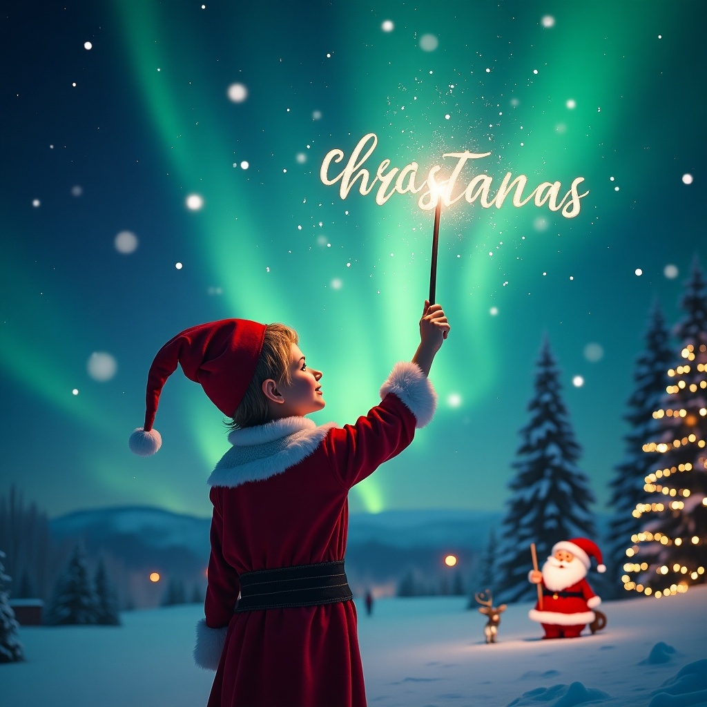 Child dressed as Santa with a wand writing names in the air. Magical northern lights illuminate the sky. Santa is in the background. The names displayed are festive greetings.