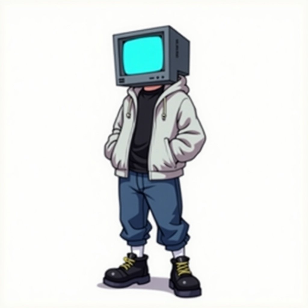 This illustration features a vibrant anime character with a CRT Screen as a head with a vivid cyan screen and dark grey casing. He wears a light grey hoodie layered over a black t-shirt, paired with navy-blue jeans. Completing his chill look are white socks and chunky, black boots. The character stands in a chill pose, suggesting cool and approachable vibes. The background boasts a soft, white color palette, enhancing the cheerful ambiance of the image.