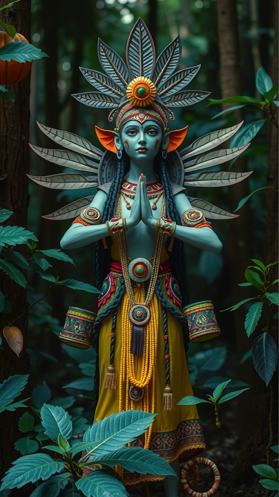 This mystical image features a fantastical deity-like figure standing gracefully in a lush, verdant forest. The character is adorned in ornate, colorful attire with intricate patterns and vivid accessories. The figure's serene expression, coupled with its gesture of prayer, evokes an aura of tranquility and spirituality amidst the natural setting.