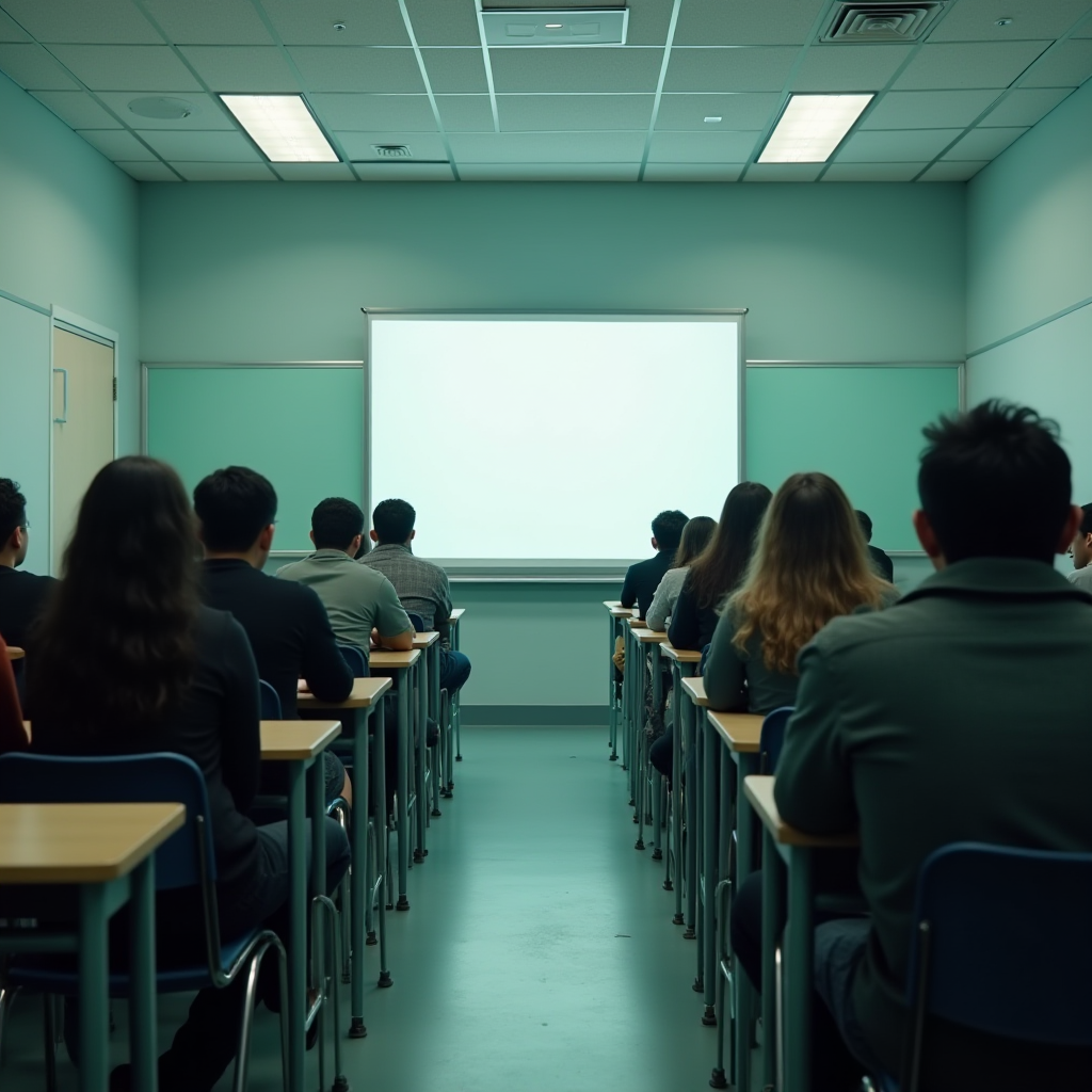 Students sit in a classroom facing a blank projector screen.