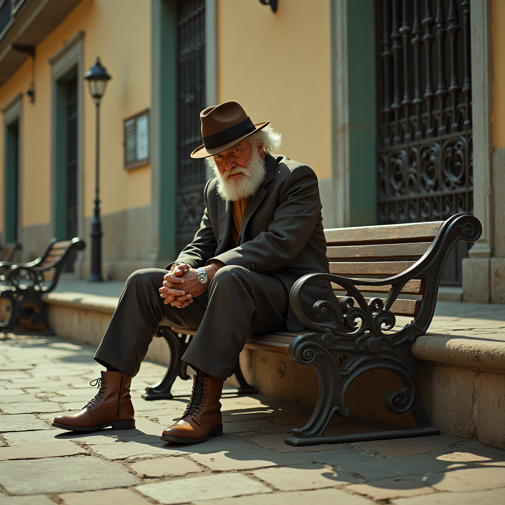 An elderly man in formal attire sits thoughtfully on a bench in a sunlit city street.