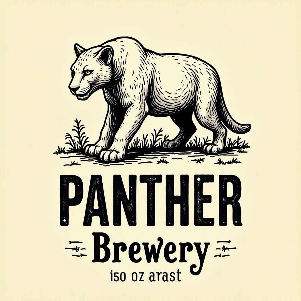 Beer bottle label for Panther Brewery featuring a panther illustration. Retro 1950s style in black and white. Traditional beer bottle label fonts used for logo.