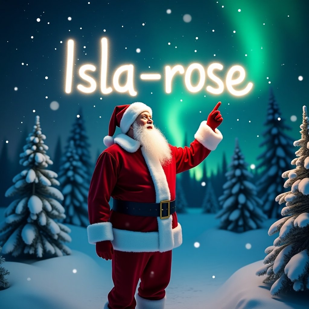 The image captures a magical moment in a winter wonderland, featuring Santa Claus in his classic red suit and hat. He stands joyfully, pointing upward as if writing in the sky. The night sky is illuminated with the name 'Isla-rose' in glowing letters, created by Santa's wand. Snowflakes fall gently around him, enhancing the festive feel. Surrounded by snowy trees, the enchanting northern lights create a backdrop that adds to the scene's charm. This image embodies the spirit of Christmas and joy during the holiday season.