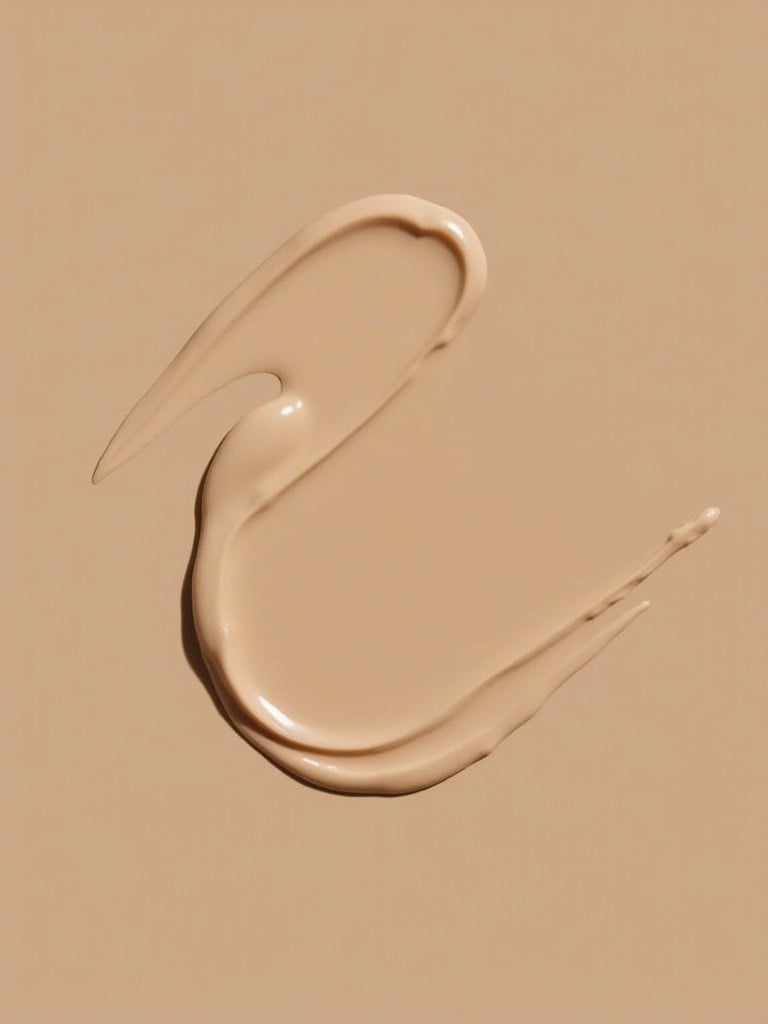 Smooth smear of stick foundation on a beige background. Neutral skin tone swatch displays creamy texture and blendability.