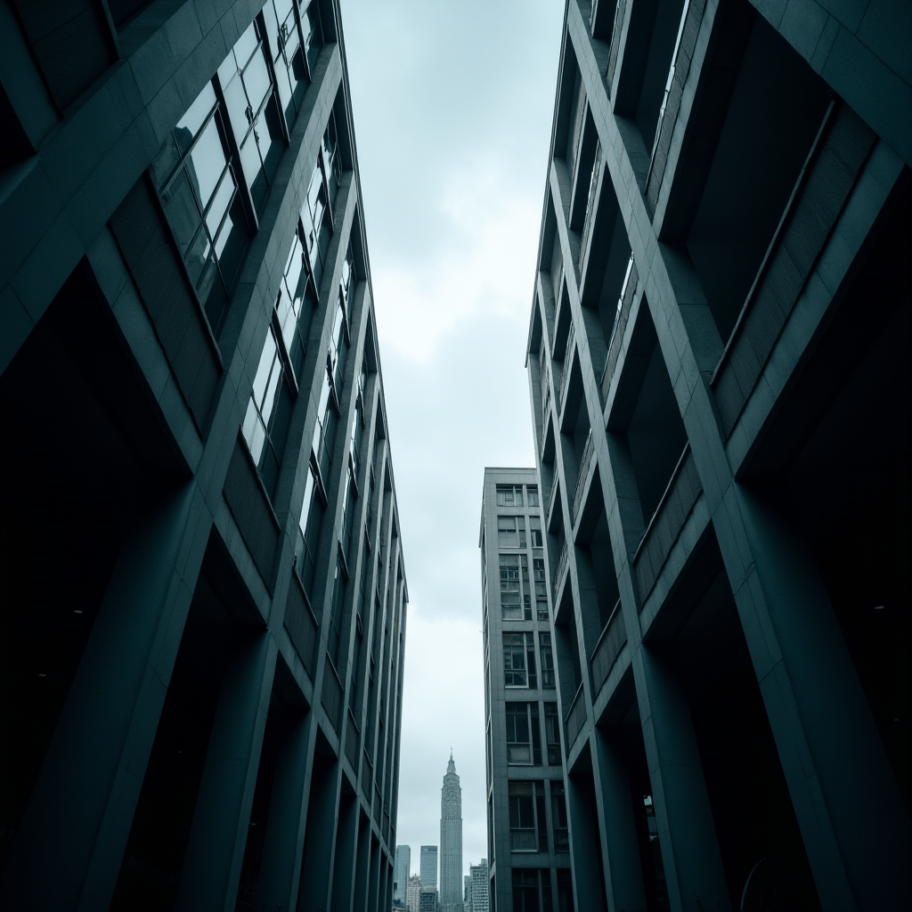 A compelling view between two modern buildings leading to a distant skyscraper against a cloudy sky.