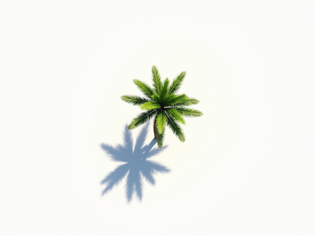 The image showcases a top-down view of a palm tree set against a pure white background. The palm tree, characterized by its lush green leaves and sturdy brown trunk, stands centrally in the composition. An intense light source from above highlights the tree, casting a distinct, high-contrast shadow on the ground. This shadow stretches outward from the base, emphasizing the tree's form. The stark white backdrop enhances the vibrant colors of the palm, creating a striking visual impact.