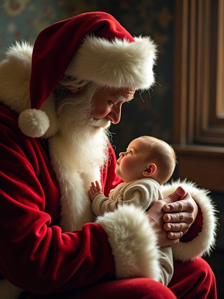 Santa Claus lovingly holds a baby in a Christmas setting. The warm atmosphere enhances the festive spirit. A traditional portrayal of holiday cheer. Captivating emotions of joy and peace.