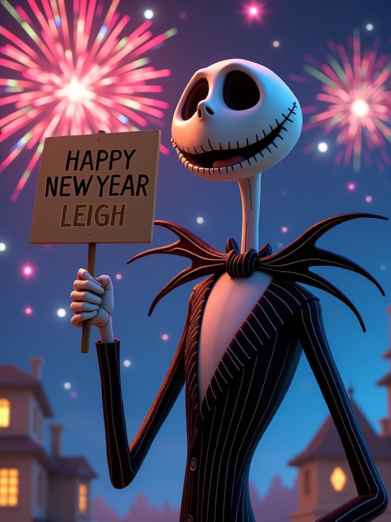 Jack Skellington character holds a sign that reads Happy New Year LEIGH. Colorful fireworks light up the night sky. Jack wears his classic striped suit. The background includes houses silhouetted against the sky.