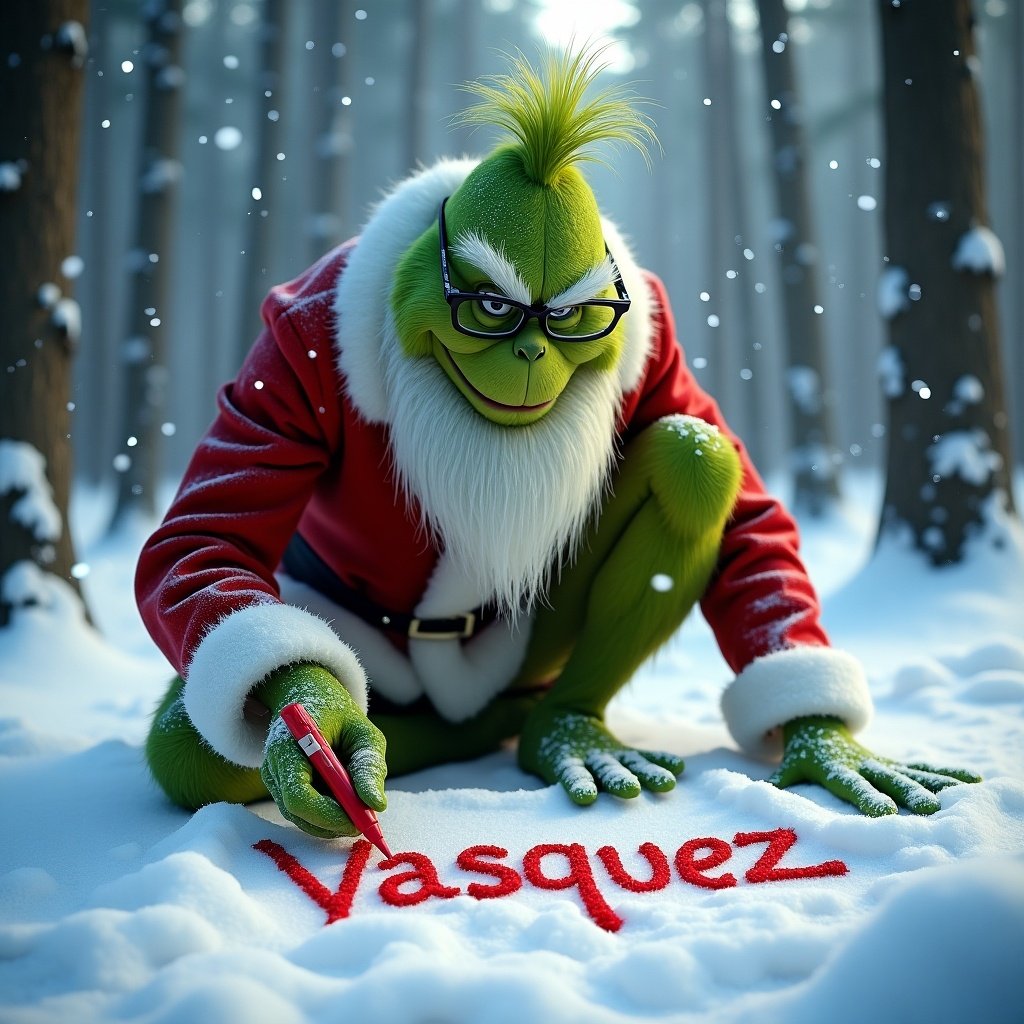 Grinch kneeling in snowy forest. Writing Vasquez in snow with red marker. Snowflakes falling around. Christmas spirit captured. Long white beard and glasses give classic appeal.