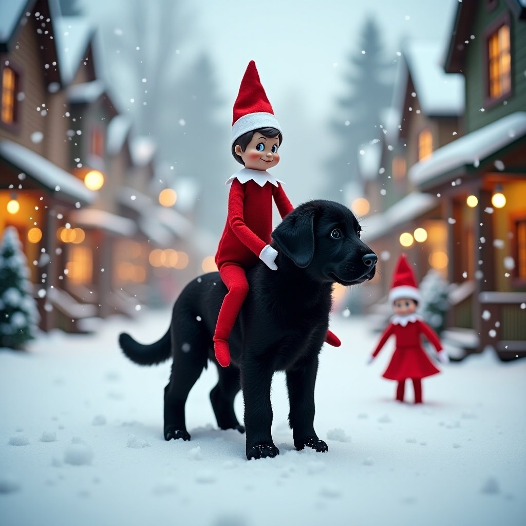 Wideshot photo of Elf on the Shelf riding a black lab puppy in a snowy Christmas village. Features Christmas-decorated houses and snowflakes falling. Includes two elves making snow angels.