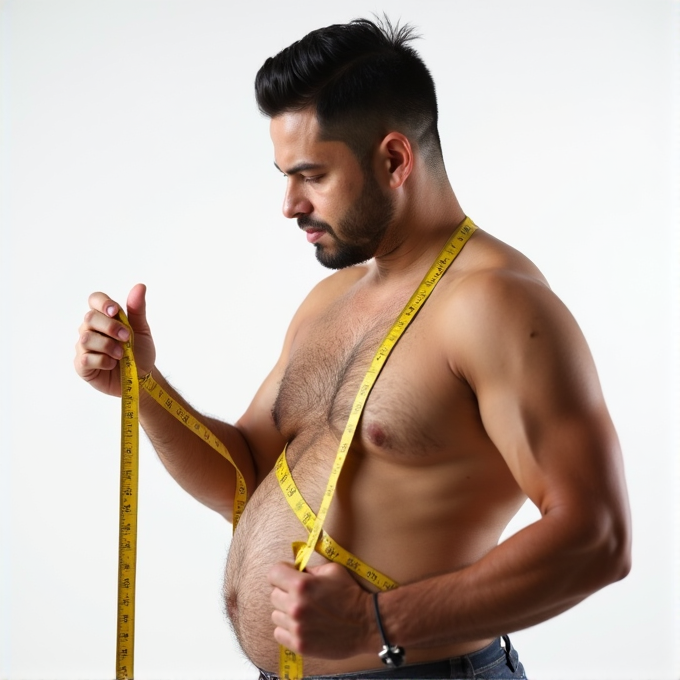 A man measures his waist with a yellow tape measure, appearing focused and thoughtful in a neutral setting.