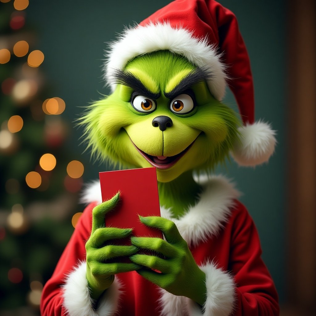 Grinch holding a card smiles warmly. Festive background features a decorated Christmas tree. Character is dressed in a red and white suit. Green color character is the focal point. Card held prominently in visible hands.